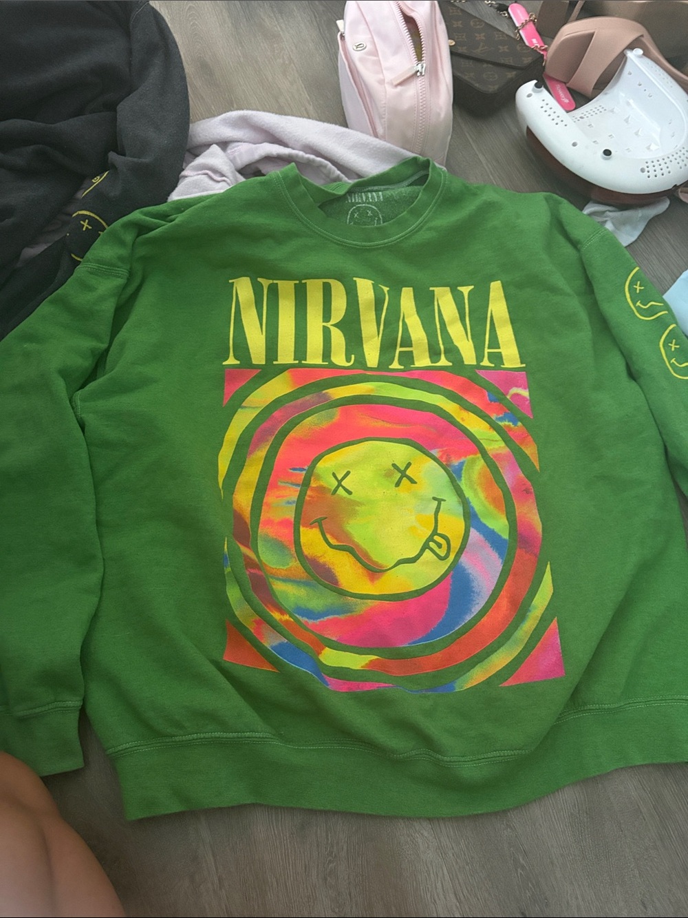 NIRVANA Green Crewneck with Multicolor Smiley Graphic
